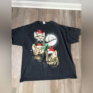 VTG Cat Lover Graphic T-Shirt Space Cats Santa Christmas Festive Black Size 2XL